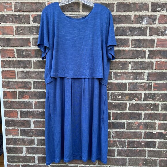 J. Jill Size XL Petite Blue Short Sleeve Dress Overlay Button Back Stretchy - Picture 1 of 8